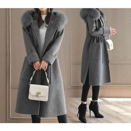 Black Coat Female Winter Women Parka Long Windproof Jackets Alpaca Coat Women Rabbit Fur Collars Stitching Wool Blends