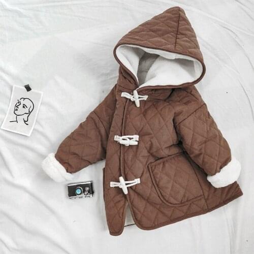 2 3 4 5 6 7 Years Kids Boys and Girls Velvet Hooded Coat Baby Horn Button Cotton-padded Clothes Winter Thicken Warm Long Jacket