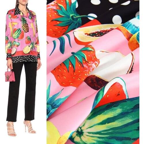 88cm*145cm/piece Fruit On Pink Elastic Satin Printed Fabric For Dress Tissus Au MÈTre Telas Algodon Estampadas ткань для шитья