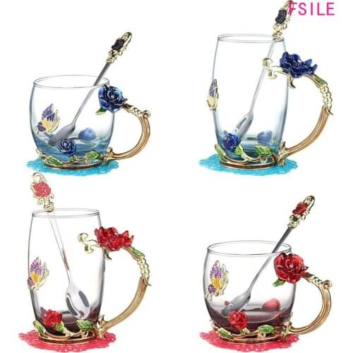 Enamel Transparent Glass Coffee Tea Mug Blue Roses Heat-Resistant Cup Set with Stainless Steel Spoon Coaster and Wipe Cloth