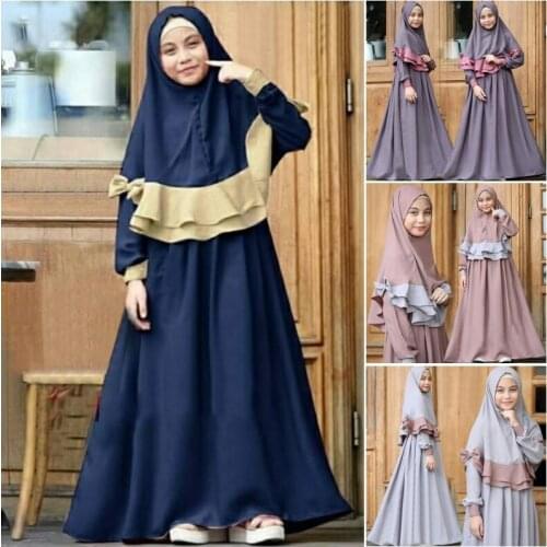 Muslim Kids Ramadan Girls Long Sleeve Dress Hijab Abaya Robe Arab Dubai Children Kaftan Headscarf Islamic Kids Robe Jilbab
