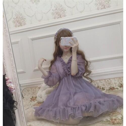 French Palace Girl Cute Womens Lolita OP Princess Vintage Dress Grayish Purple Solid Dress Ruffled Stringy Selvedge One Piece