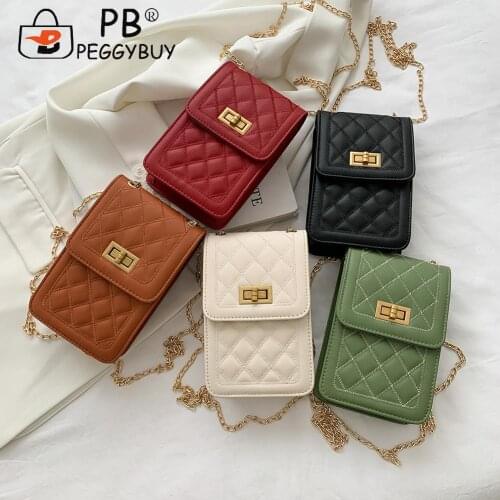 Retro Women Pure Color Lattice Pattern Thin Chain Shoulder Crossbody Bag Casual All-match PU Leather Hasp Small Phone Handbags