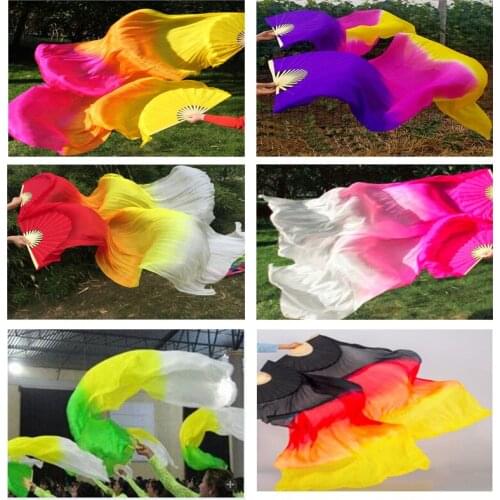 1Pair (Left+Right) Oriental Dance 100% Real Silk Fan Veils 1.8m long Bamboo Fans for Girls Women Gradient Stage Show Fan Props