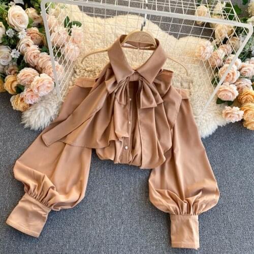 2021 Spring Autumn New Blouse Women Halter Scheming Halter Shirt Bowknot Lapel Puff Sleeve Female Top C031