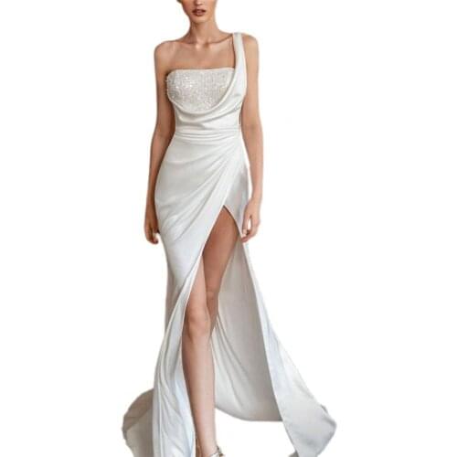 Formal Dress Women One Shoulder Sequined Autumn Satin Surface High Split Party Maxi Dress for Wedding Party Dress vestidos