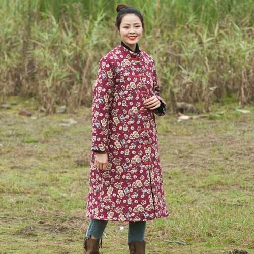 Women Winter Printed Cotton Long Coat Outerwear Padded Parkas Female Loose Retro Coat Ladies Retro Topcoat Overcoat 2019