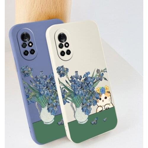 Oil Painting Cat Liquid Silicone Case For Huawei Nova 8 7 Pro SE 6 SE 5 Pro 5Z 5I 5Ipro 5T 4 4E Shockproof Soft Phone Cover