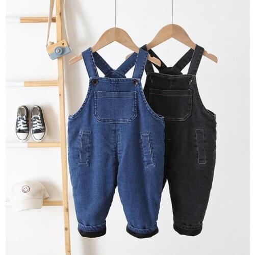 2020 Winter Kids Overalls Fashion Korean Loose Plus Velvet Warm Denim Overall for Boys Girls 1-4 Y Baby Children Thick Jumpsuit
