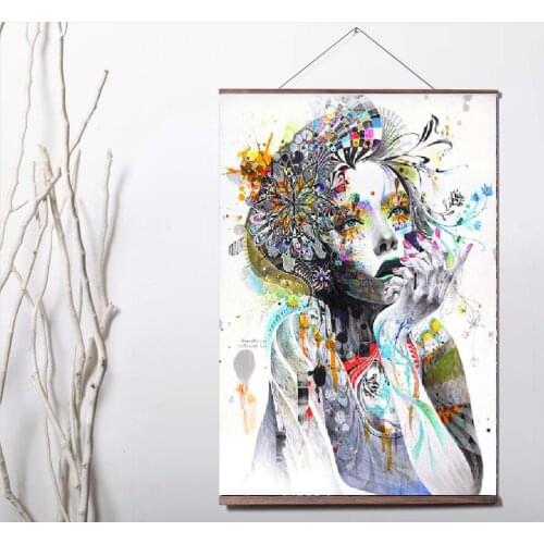 Famous Art Trippy Psychedelic Abstract Girl Art Canvas poster decoration painting with solid wood hanging scroll