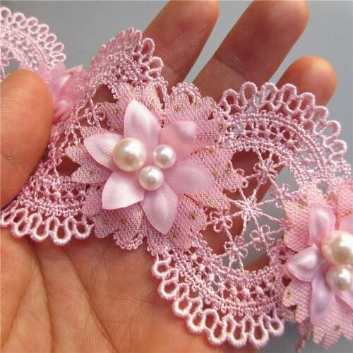 100cm Pink Polyester Pearl Flowers Embroidered Lace Trim Ribbon Applique DIY Manual Sewing Supplies Craft Decoration