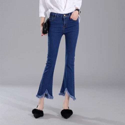 2019 Elasticity Cotton Jeans Woman Fashion Flare Pants Denim irregular Tassel High Waist Jeans Skinny Pockets Women Trousers