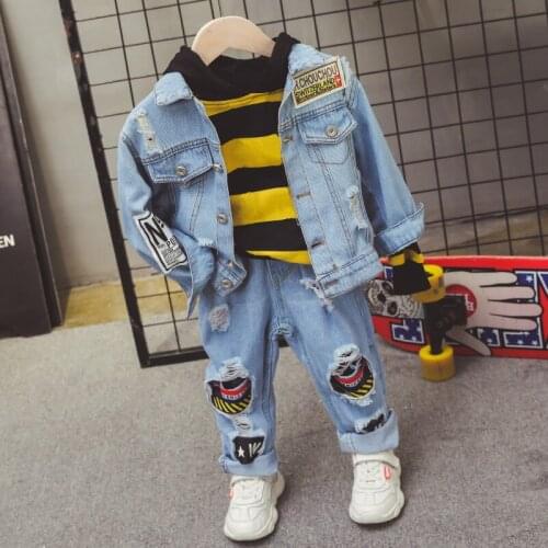 Kids Clothes boys Long Sleeve Denim jacket + hoodie + jeans 3pcs Sports Suit, Hot Sale New Casual Boys Clothing Set
