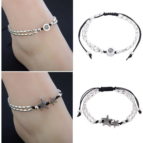 Sexy Women Boho Starfish Anklet Double Chain Jewelry Vintage Ankle Bracelet For Women Buddha Barefoot Beach Jewellery Shellhard