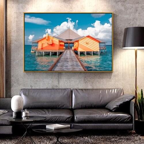 Artcozy Oil Canvas Painting pier_buildings_ocean For Home Decoration Wall Art