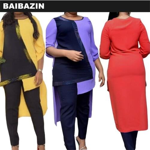 BAIBAZIN New African mother plus size two-piece set with diamond round neck mid-length top and pencil pants