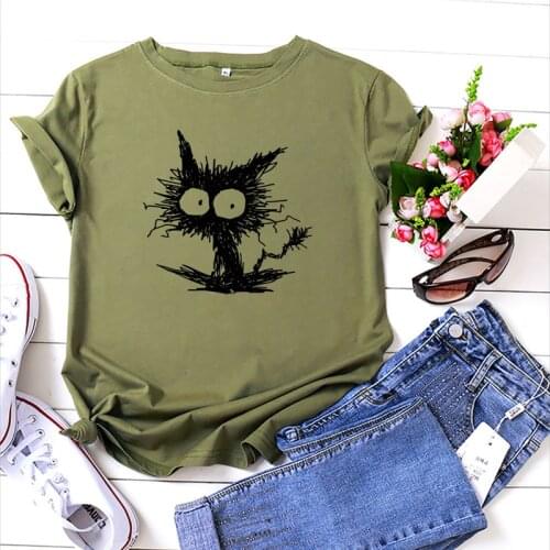 Women Summer Tshirt Cotton 100% Oversized Casual Cat Printing Fashion Female Graphic Kawaii T Shirt Ladies Short Sleeve Tee Tops