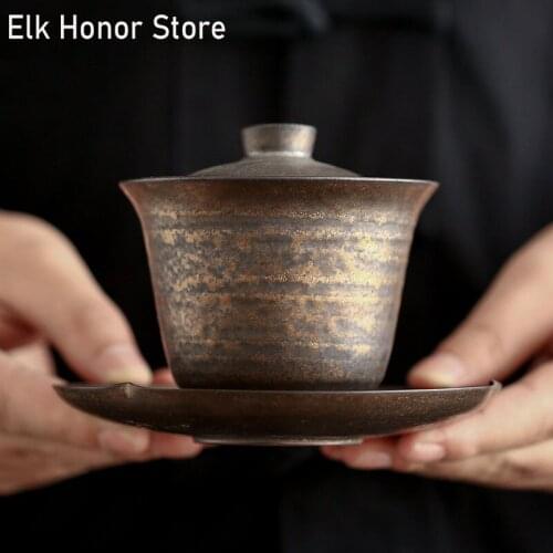 160ml Retro Ceramic Sancai Gaiwan Single Cup Handmade Gilding Tureen Kung Fu Teaware Household Accessories Office Decoration