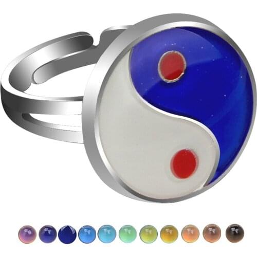 Mood Ring Women Vintage Eight Diagrams Taiji Glitter Powder Adjustable Size Unique Temperature Control Color Animal Rings Female