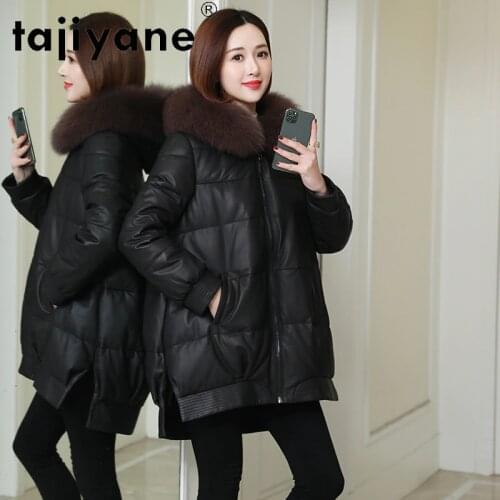 Leather Women Coats White Duck Down Jackets Real Sheepskin Jacket Woman Natural Fox Fur Collar Hooded Parkas Ropa TN621