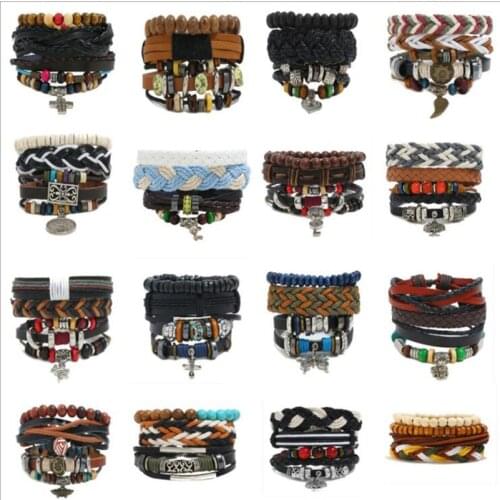 Stone Metal Feather Multilayer Leather Bracelet Eye Fish Charms Beads Bracelets for Men Vintage Punk Wrap Wristband Braided
