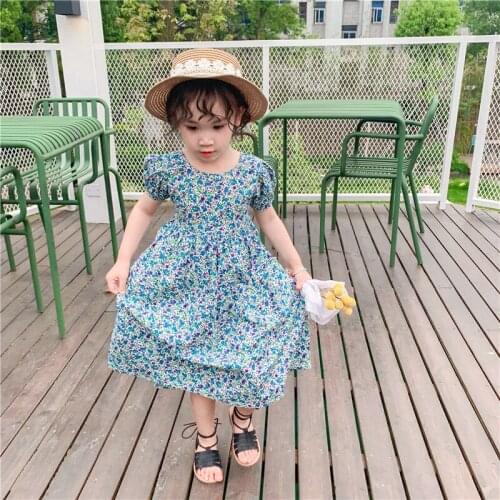 Fashion Summer Kids Floral Dresses For Baby Girls Cotton Backless Bubble Short Sleeve Dress Little Girl Princess Beach Dress