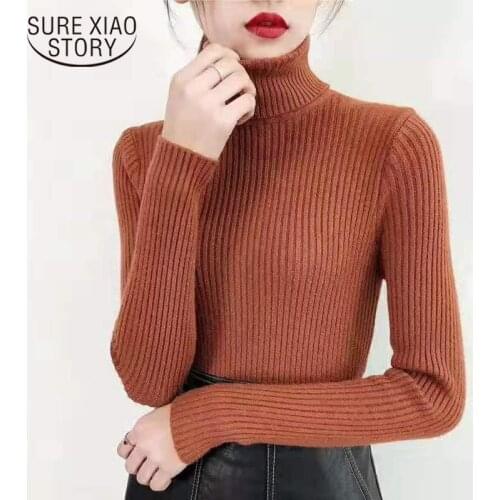 Full Sleeve Soft Knitted Lady Office Women Sweater 2021 Spring Autumn Winter Solid Turtleneck Casual Female Pullover 6033 50