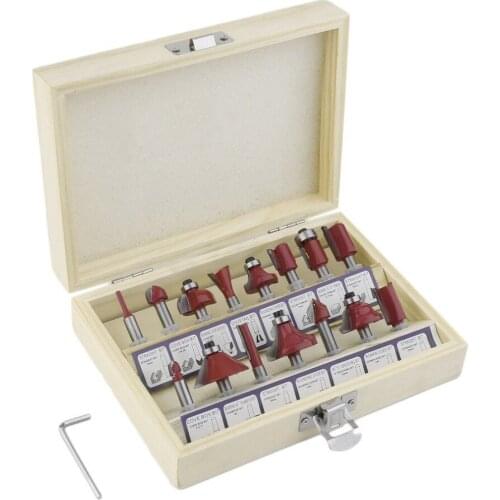 1/4(6.35mm) 15pcs Carbide Shank Wood Router Set Woodworking Cutter Trimming Knife Forming Milling Cutter Pack In Wood Case