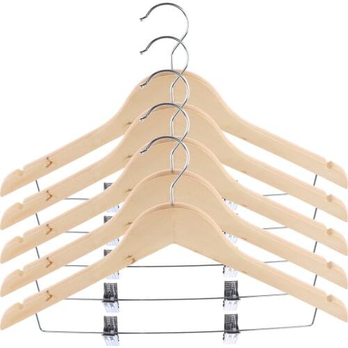 Pack of 5 Wooden Wood Pants Shirt Coat Clothes Hangers Set with Clips, Heavy Duty