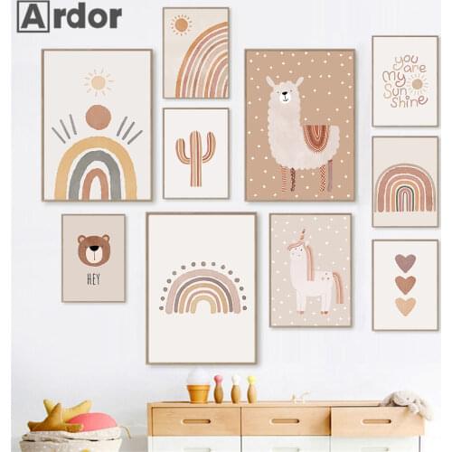 Sun Heart Rainbow Wall Art Poster Cactus Bear Alpaca Canvas Paintings Nursery Print Unicorn Posters Boho Picture Baby Room Decor