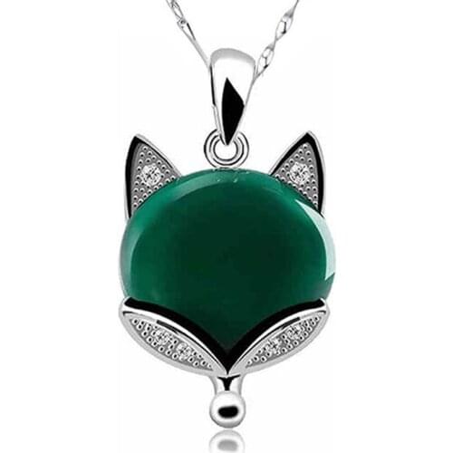 Natural Green Jade Fox Pendant Necklace 925 Silver Jadeite Chalcedony Amulet Fashion Charm Jewelry Gifts for Women Her
