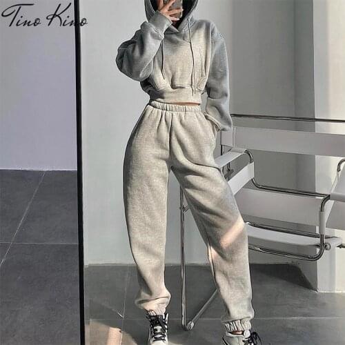 Womens Tracksuit Crop Top Hoodies Two Pieces Set High Waist Pullover Hooded Joggers Suit Female 2021 Autumn Lady Sportwear Sets