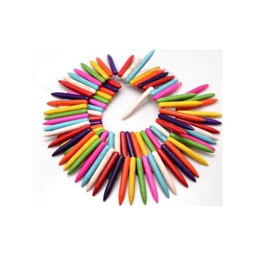 PandaHall 20pcs 34x5mm Natural HowliteStone Stone Jewelry Making Hot Loose DIY Beads Strands, Tusk Shape, Dyed, Mixed Discount