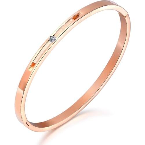 Simple Rose Gold Color Cuff Bangles Bracelet For Women inlay Cubic Zirconia Stainless Steel Hollow out Jewelry Gift 3colors