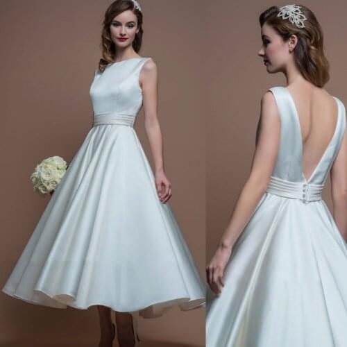 Ankle Length Wedding Dresses Backless Satin A-line Bride Dress Cheap Beach Bridal Gown Custom Made