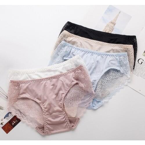 Birdsky, 3PCS 100% natural mulberry silk Women briefs panties knitted underwear, soft lace, mid wast, 5 solid colors. OR-06