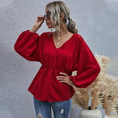 Ladies Blouse Women 2020 Casual V-neck Puff Sleeve Waist Woman Top Long Sleeve Fashion Loose O-Neck Red Shirts Fall Clothes