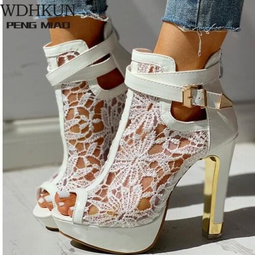 2020 New Ladies High Heels Belt Buckle Peep Toe Hollow Platform Sandals Shoes Woman Party Summer Boot Big Size 35-42