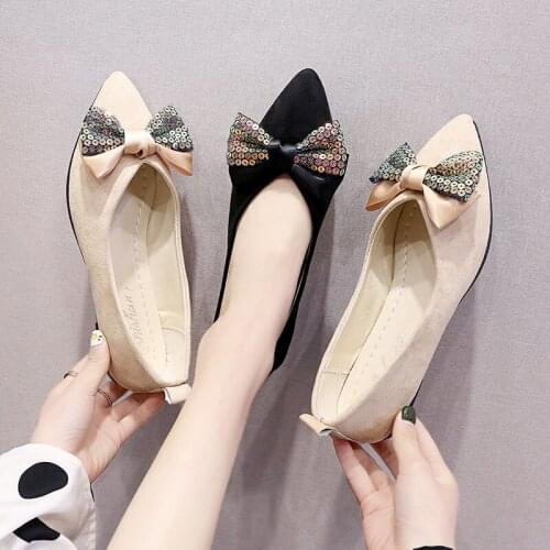 Big Size 35-43 Female Flats Pointed Toe Boat Shoes Bow Loafers Ladies Slip on Flats Shoes Bling Ballet Flats Zapatos Mujer 9295L