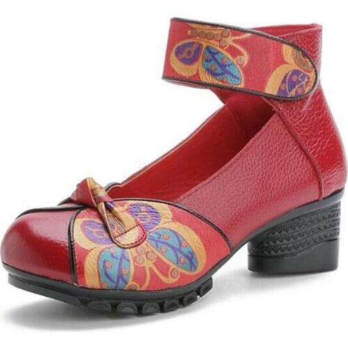 2020 new listing spring women shoes fashion High-heeled Shoes Retro print genuine leather shoes Thick with bow fashion shoes