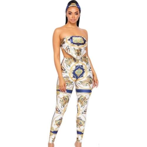 Two Piece Women Sexy Holiday Wear Slash Neck Sleeveless Tropical Print Crop Top And Slit Casual Long Pants Set 2021 Summer