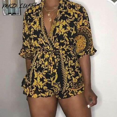 Baroque Print Half Sleeve Casual Rompers Women Jumpsuits One Piece Overalls Playsuits Streetwear