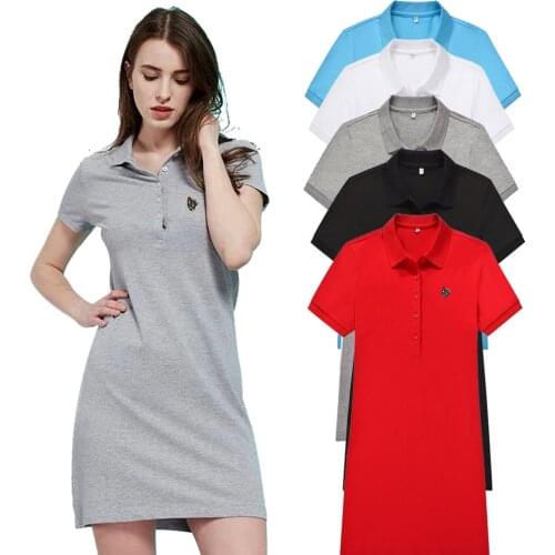 2020 Women Polos T-shirt Dress Cotton Short Sleeve Summer Elegant Dresses Female Casual Preppy Style Long Loose Tops