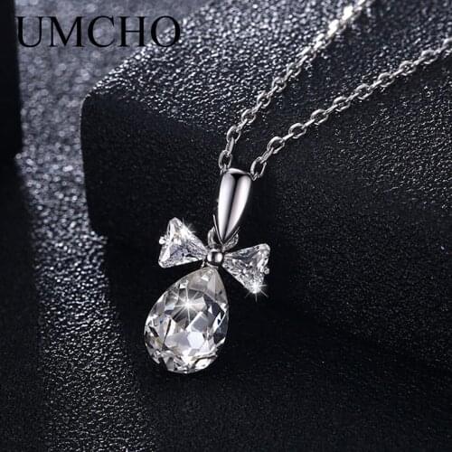 UMCHO Drop Clear Solid 925 Sterling Silver Crystal Pendants Necklace With Chain For Women Wedding Engagement Party Fine Jewelry