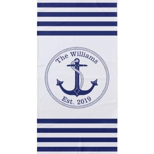 Mediterranean Nautical Navy Blue White Stripes Family Name Beach Towel Custom Name Year Anchor Shower Bath Towels Wedding Gift