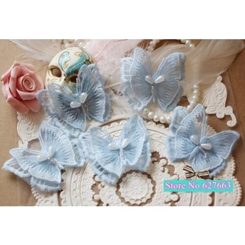 10 Pieces/Lot) Light Blue and White Beautiful Butterfly Appliques Wedding Dress Decorated 3D Organza Applique