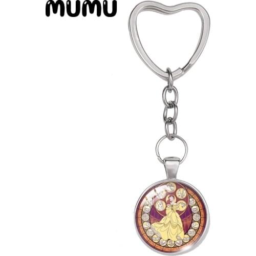 2021 New Princess and Prince Heart Keyring Elsa Mulan Belle Jasmine Keychain Glass Dome Cabochon Movies Jewelry Gifts Children