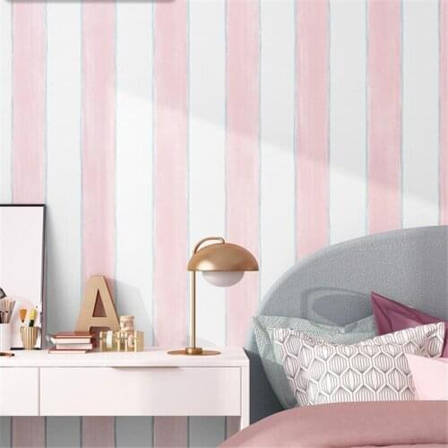 Beibehang new Childrens Wallpaper Bedroom Girl Boy Room Nordic Style Girl Princess Pink Cartoon Vertical Stripe Pink Wallpaper