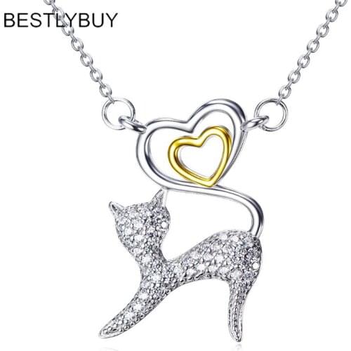 BESTLYBUY Fashion 925 Sterling Silver Love Heart Cat Necklaces & Pendants For Women Girls Fine Jewelry Gift Free Shipping