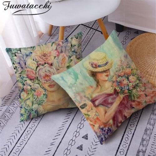 Fuwatacchi Abstract Painting Cushion Cover Women Flower Print Decorative Throw Pillow for Home Sofa Linen Pillow Case Decoration